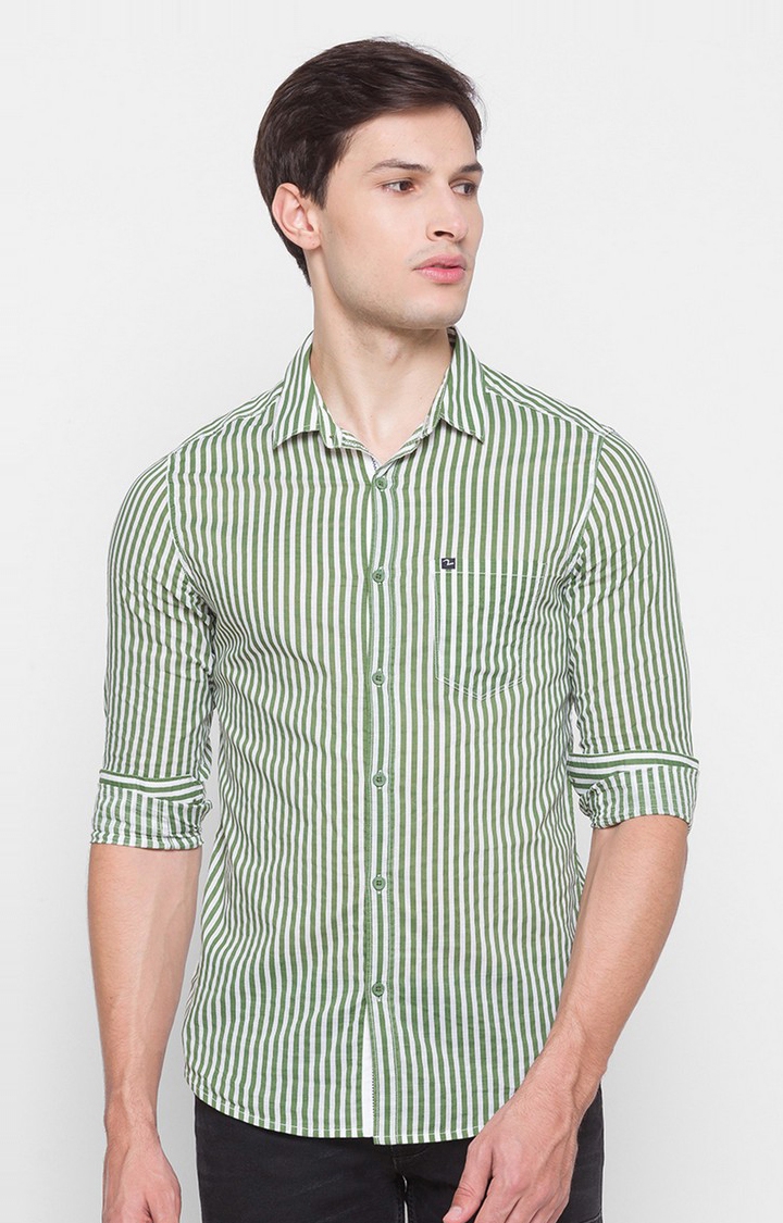 Men's Green Cotton Striped Casual Shirts
