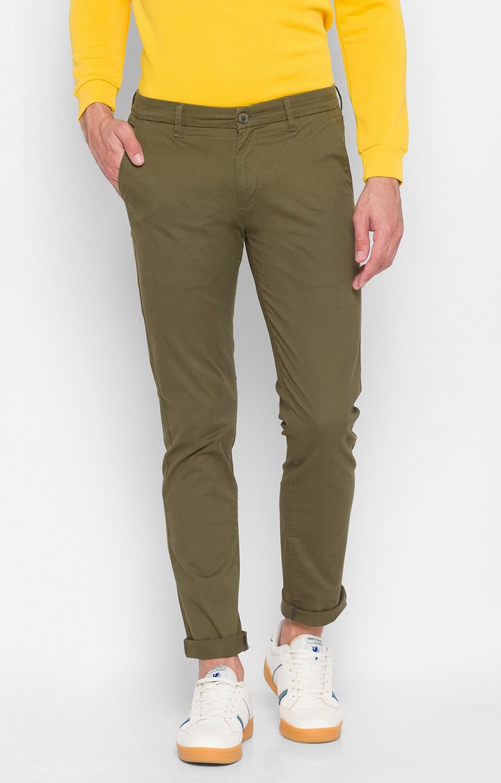 Men's Green Cotton Solid Trousers