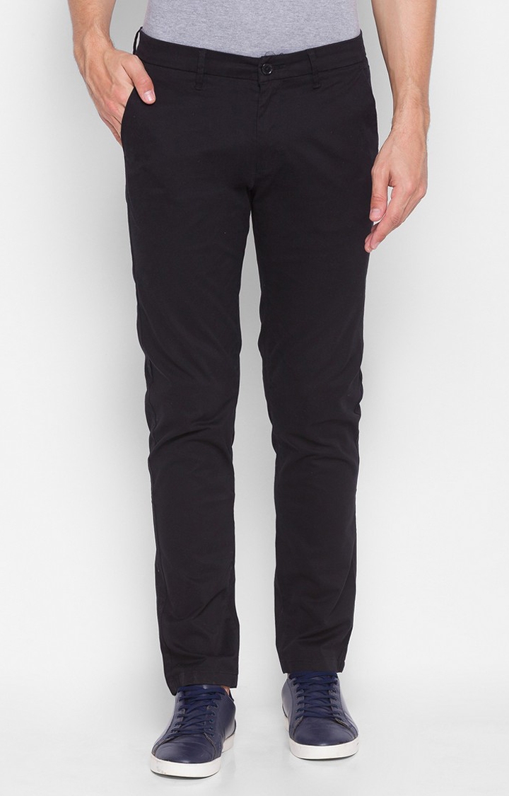 Spykar | Spykar Black Cotton Slim Fit Trousers For Men