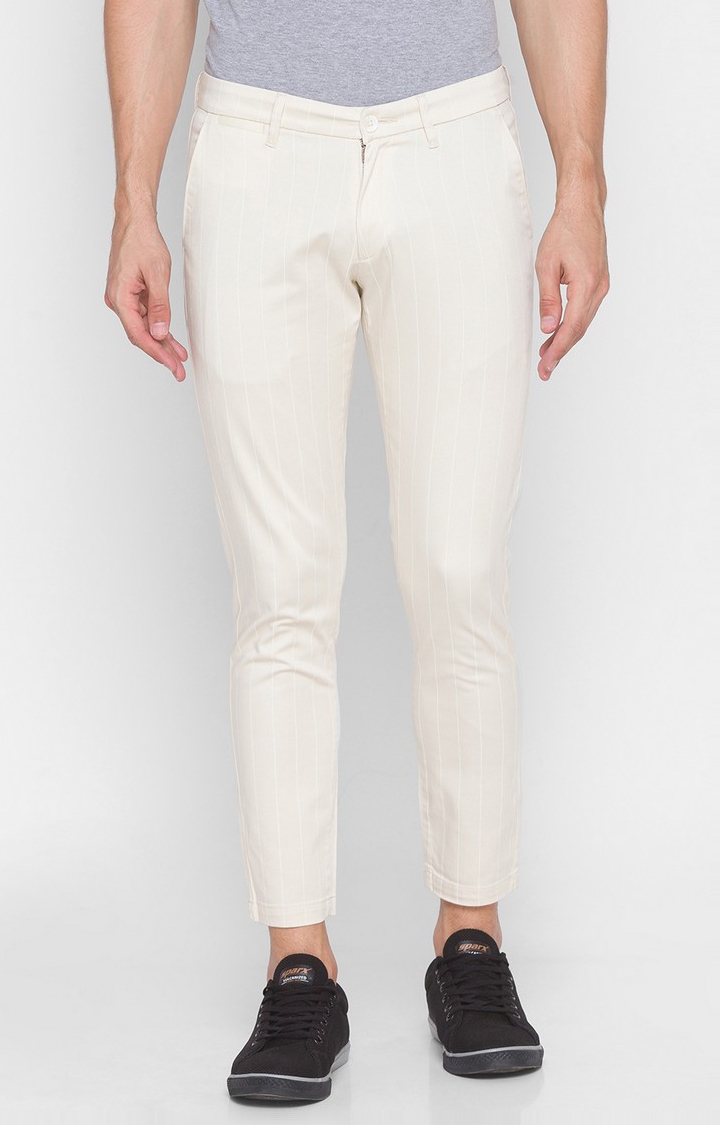 Men's White Cotton Solid Trousers