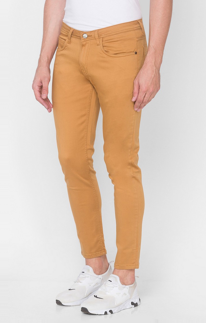 Men's Yellow Cotton Solid Trousers