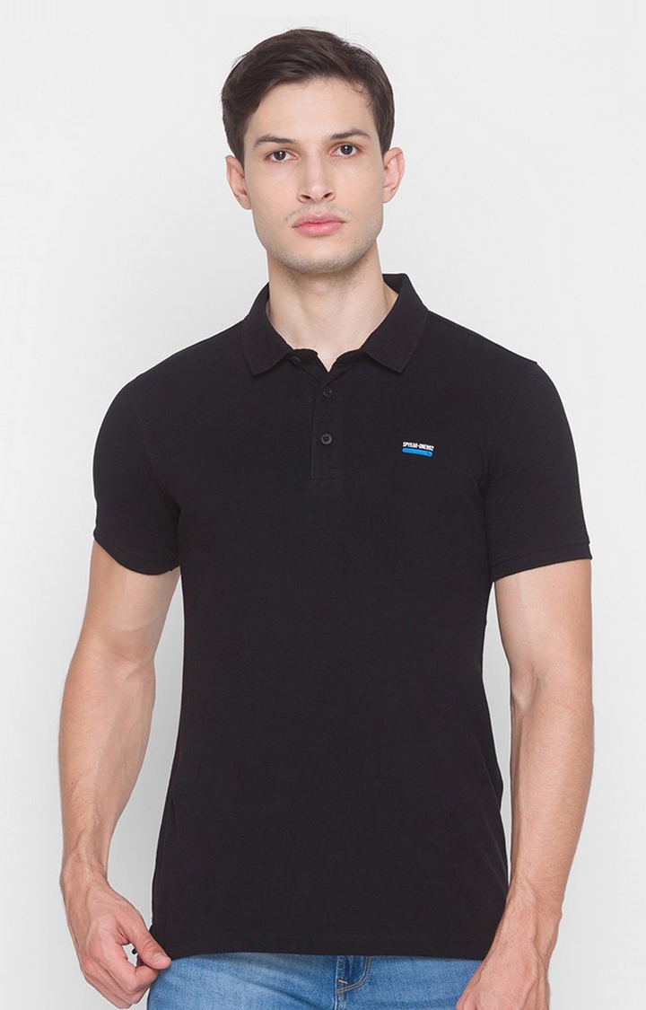 Spykar Black Cotton Slim Fit Polo T-Shirt For Men