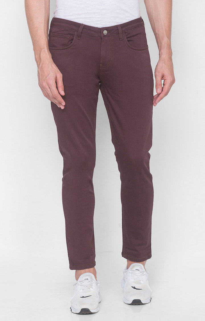 Men's Red Cotton Solid Trousers