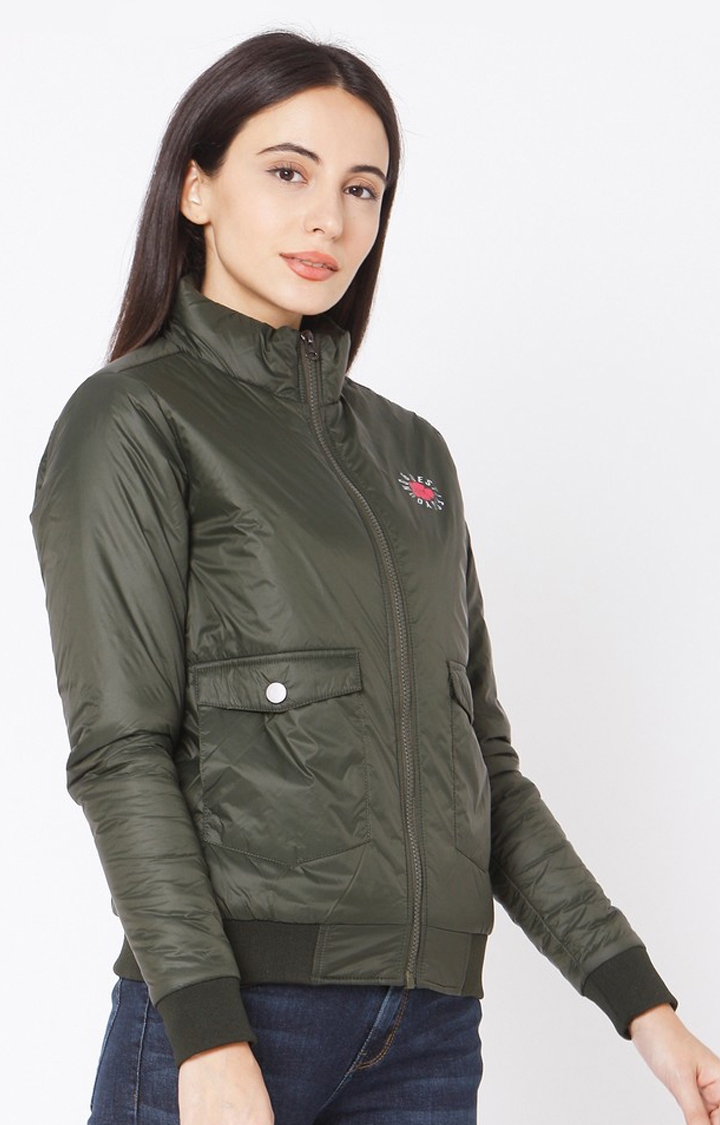 Spykar Green Polyester Regular Fit Bomber Jackets For Women