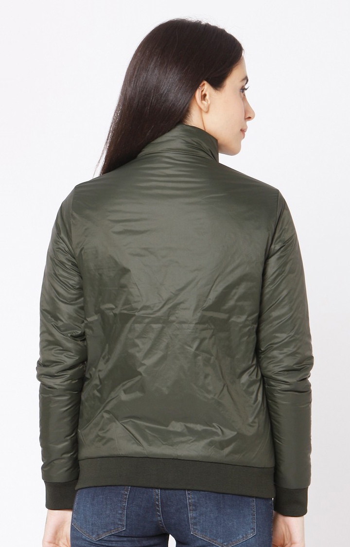 Spykar Green Polyester Regular Fit Bomber Jackets For Women