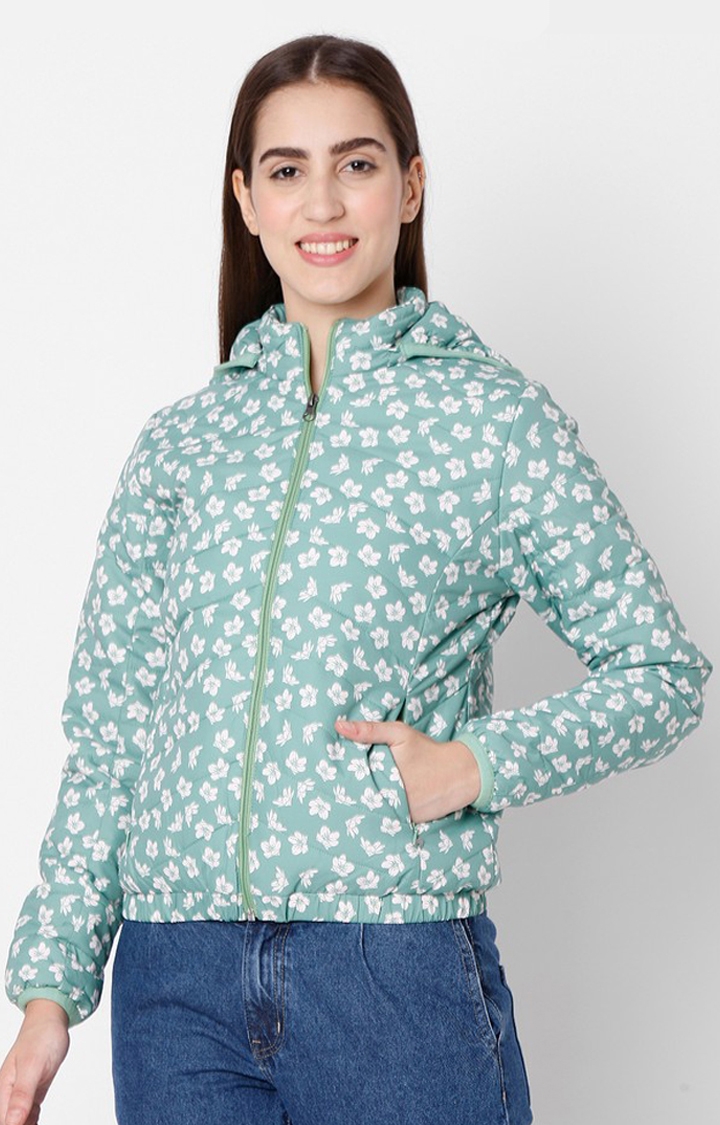 Spykar Green Cotton Regular Fit Bomber Jackets For Women
