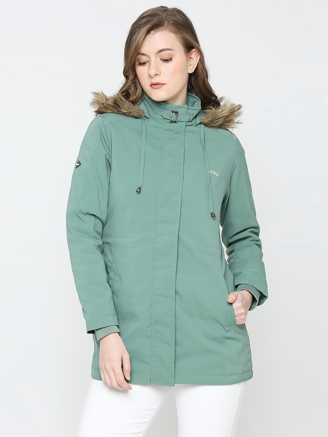 Spykar Women Sea Green Nylon Slim Fit Hooded Jacket