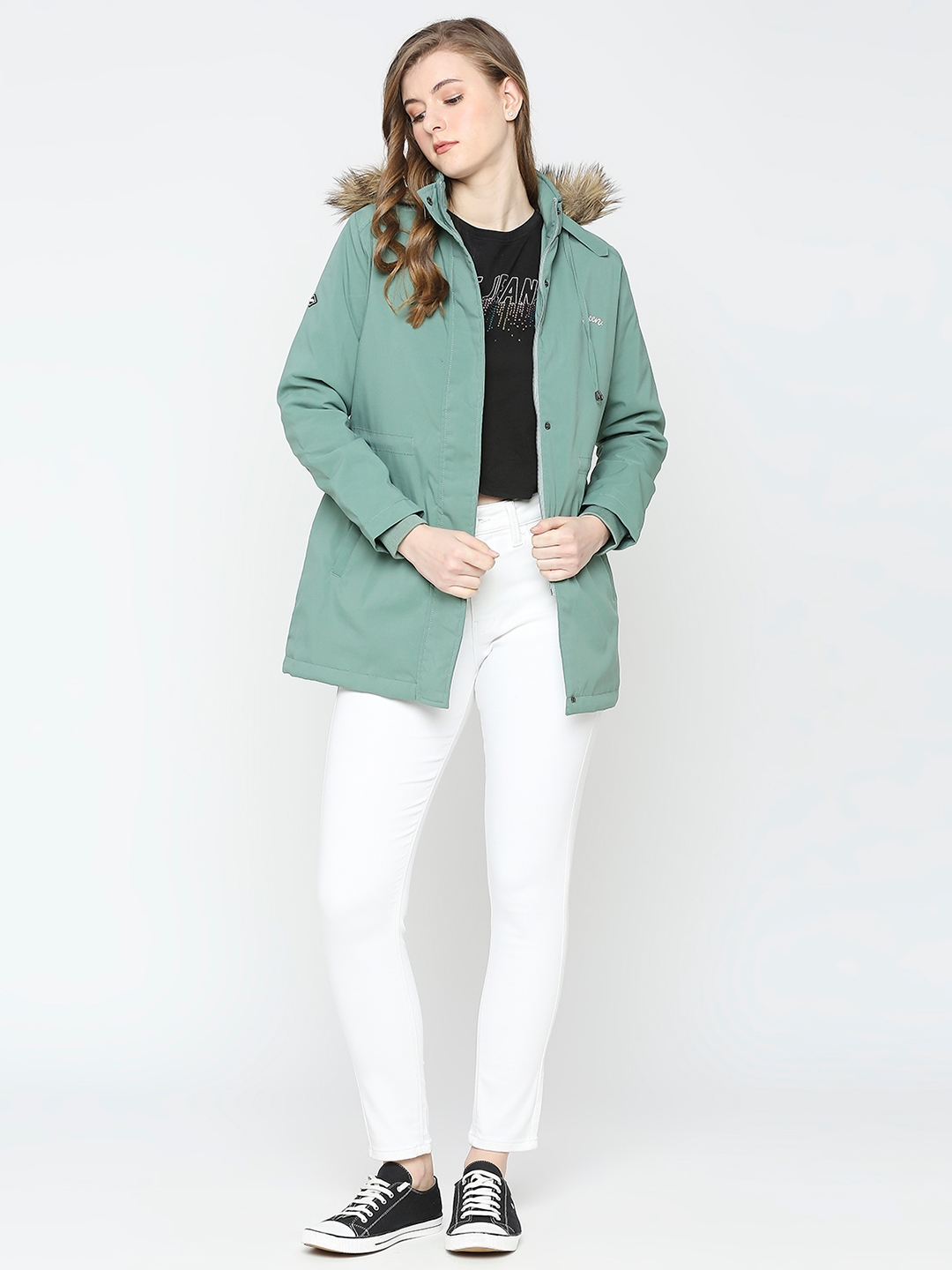 Spykar Women Sea Green Nylon Slim Fit Hooded Jacket
