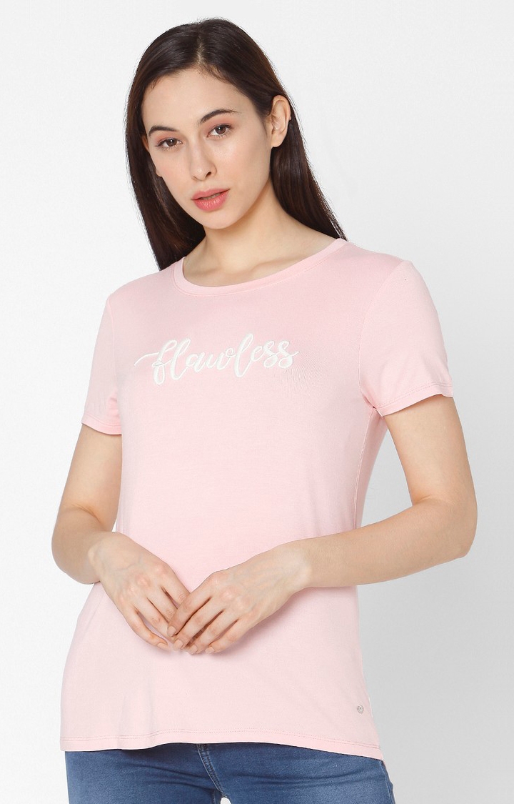 Spykar Pink Cotton Slim Fit T-Shirt For Women