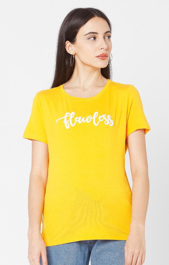 Spykar Yellow Cotton Slim Fit T-Shirt For Women