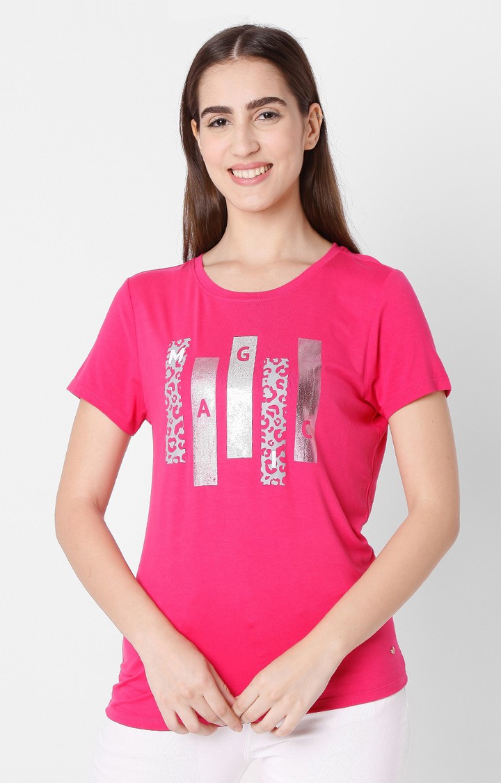 Spykar Pink Cotton Slim Fit T-Shirt For Women