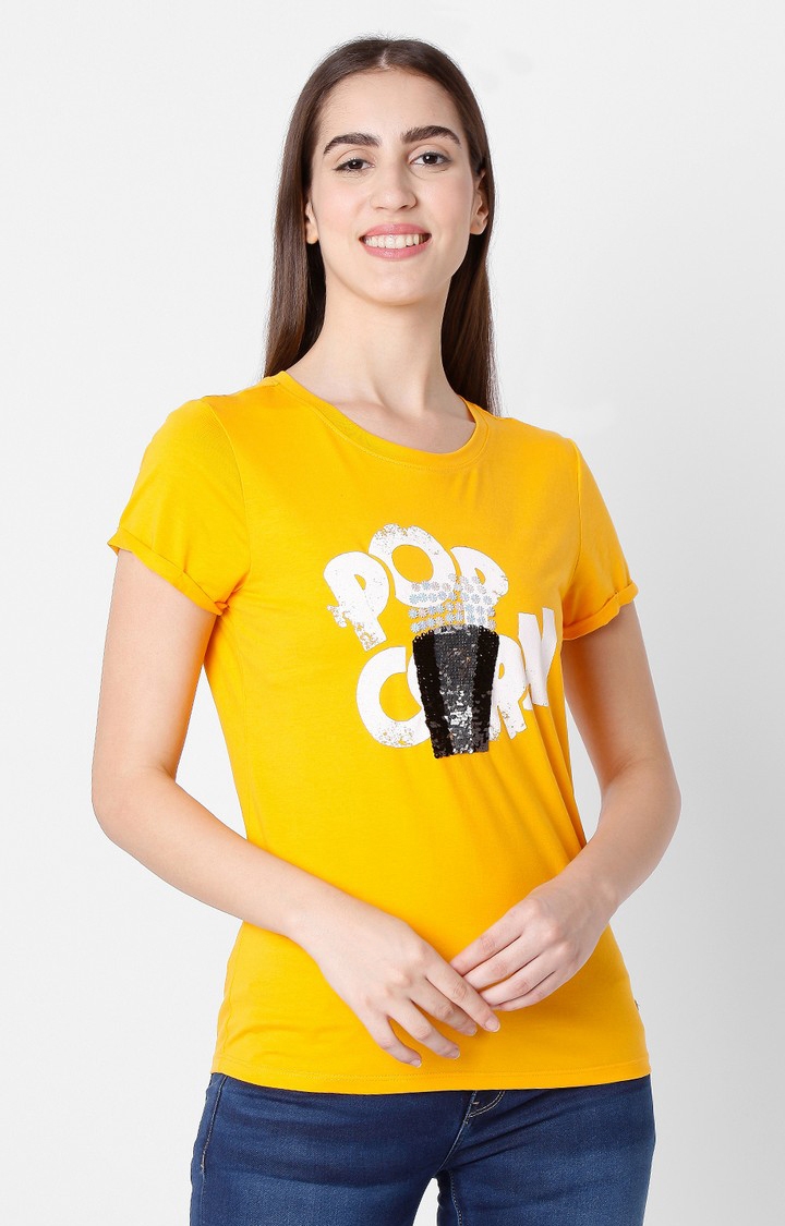 spykar | Spykar Yellow Cotton Slim Fit T-Shirt For Women 3