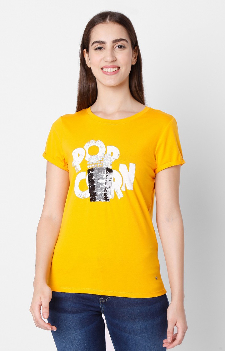 spykar | Spykar Yellow Cotton Slim Fit T-Shirt For Women 0