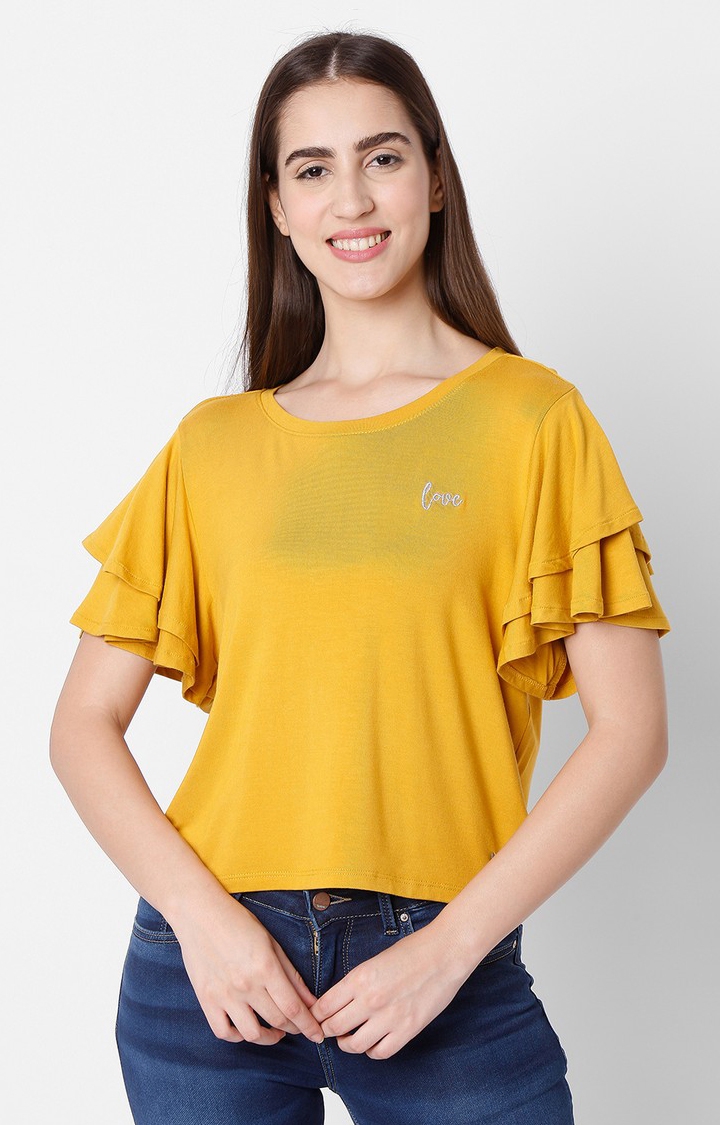 Spykar Yellow Cotton Slim Fit Top For Women