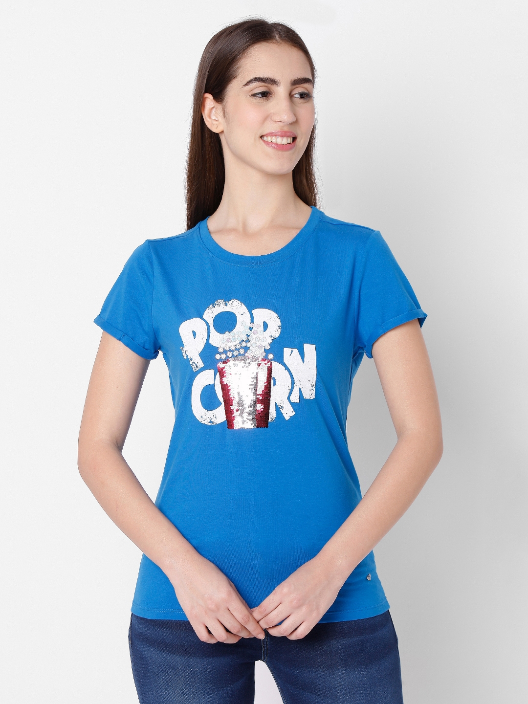 Spykar | Spykar Blue Cotton Slim Fit T-shirt For Women