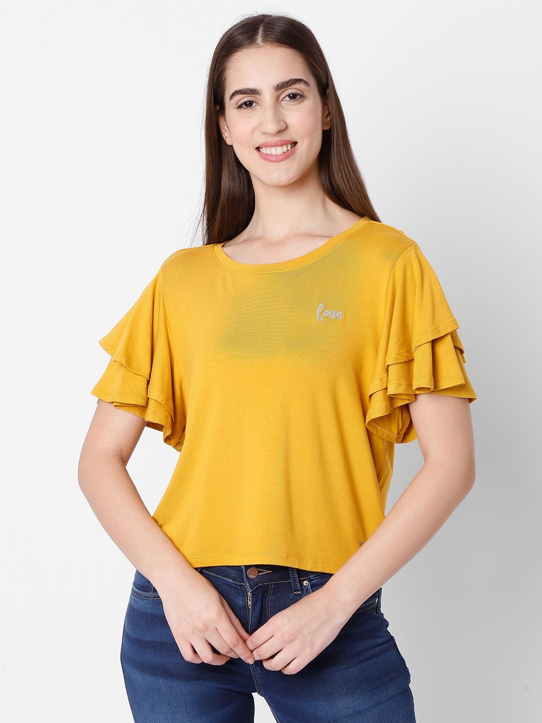 Spykar | Spykar Yellow Cotton Slim Fit T-shirt For Women