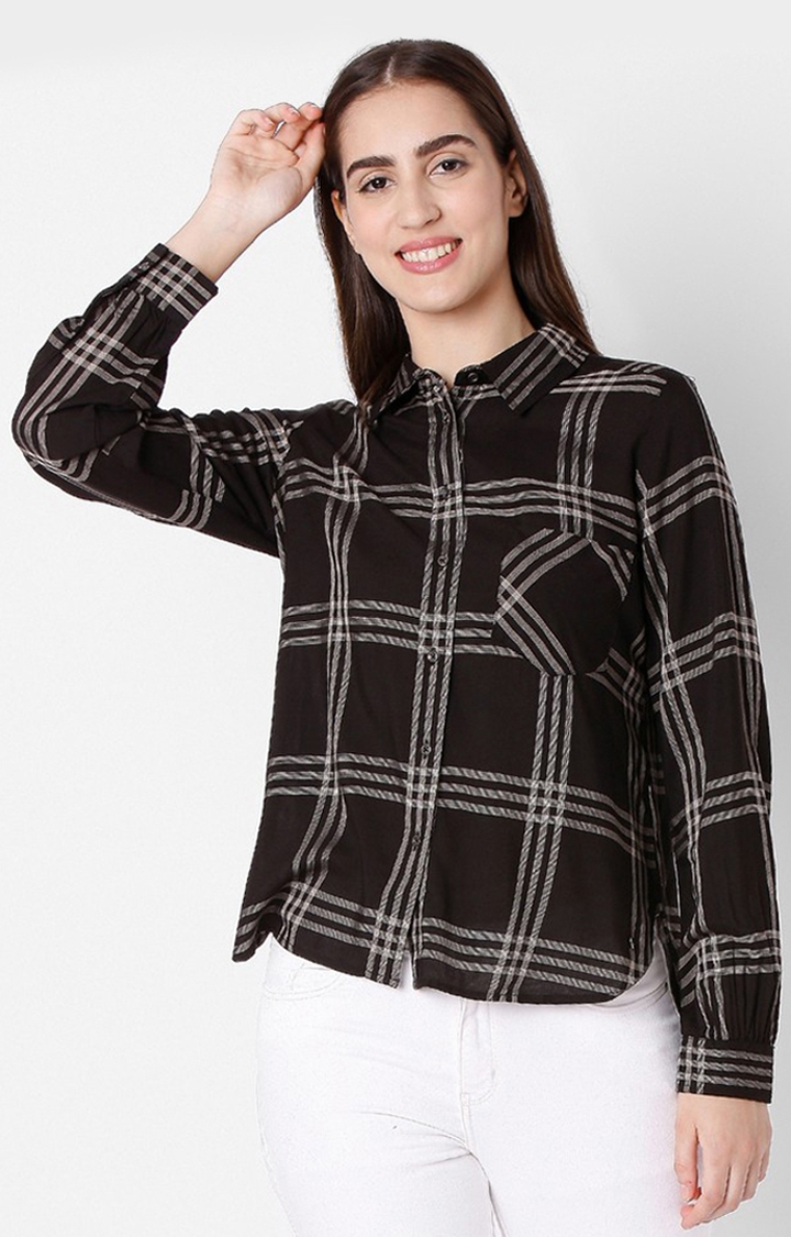 Women's Black Cotton Checked Casual Shirts