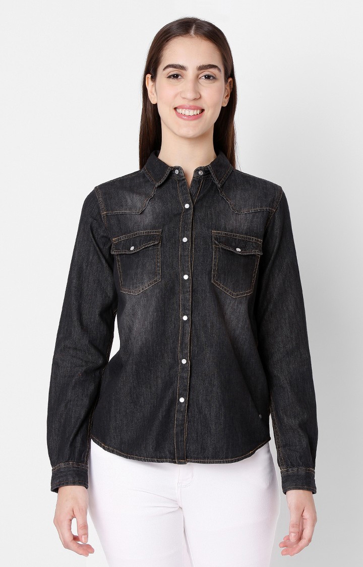 Women's Black Cotton Solid Casual Shirts
