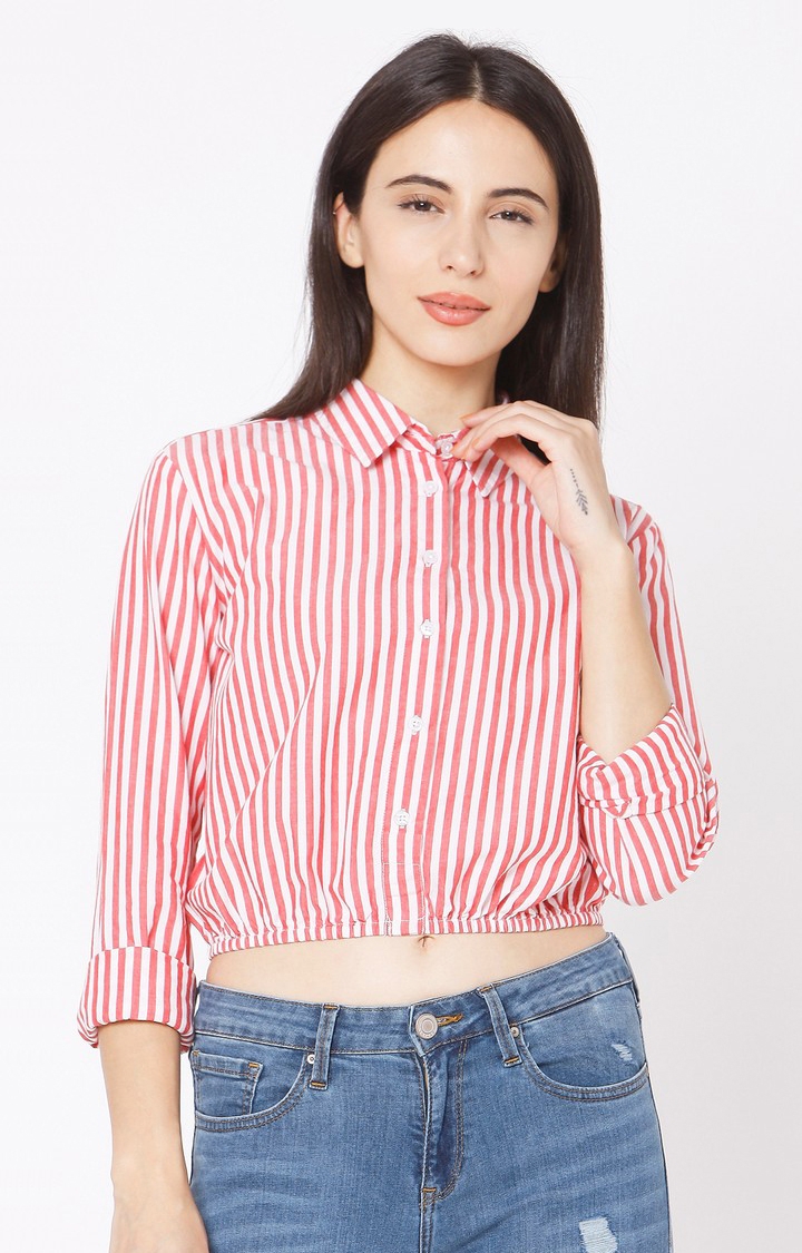 Women's Red Cotton Striped Casual Shirts