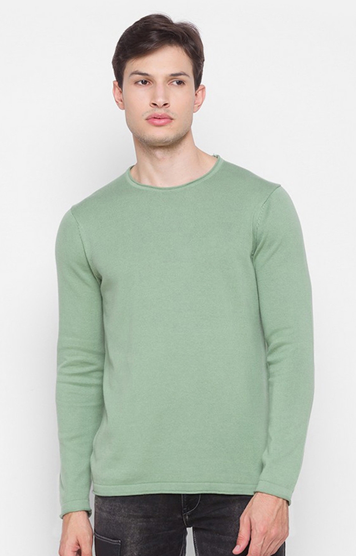 Spykar Green Cotton Regular Fit Sweater For Men