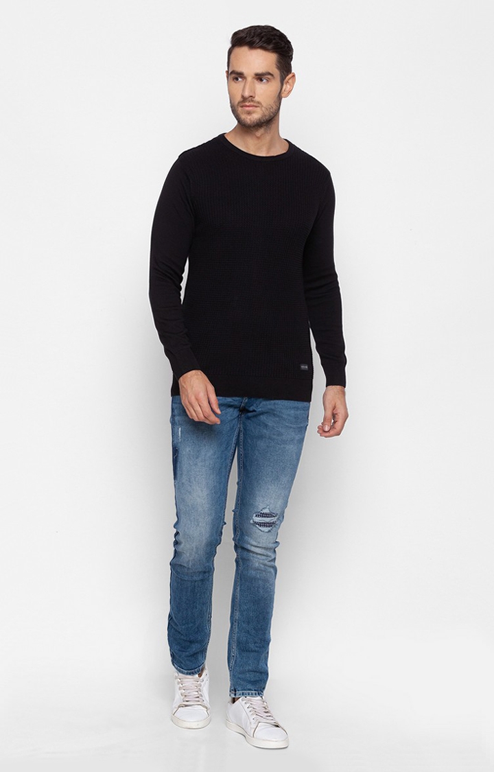 Spykar Black Cotton Regular Fit Sweater For Men