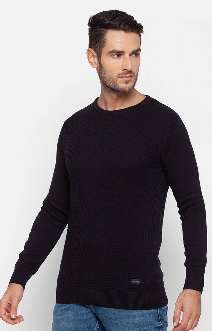 Spykar Black Cotton Regular Fit Sweater For Men