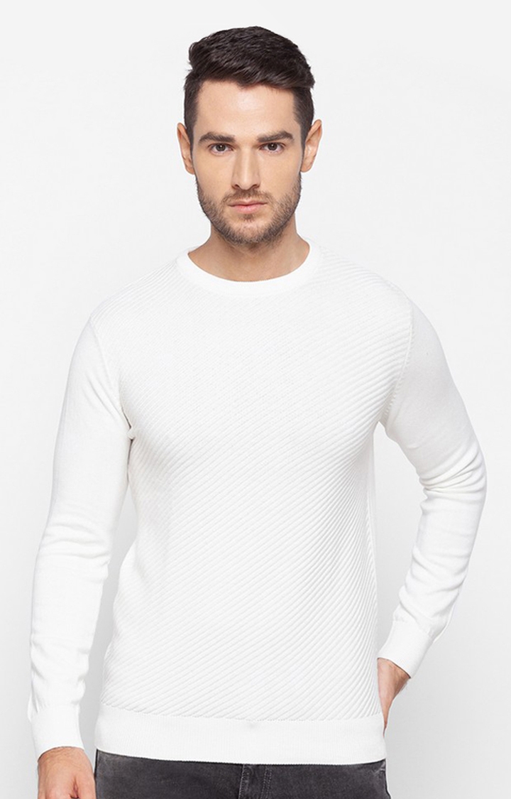 Spykar White Cotton Regular Fit Sweater For Men