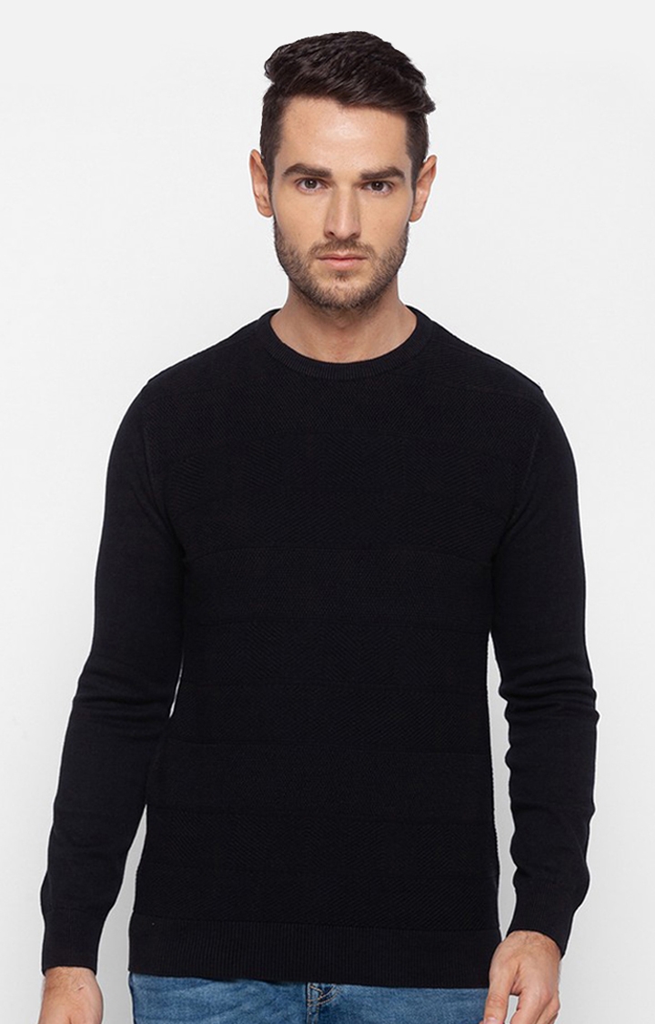 Spykar | Spykar Black Cotton Regular Fit Sweater For Men