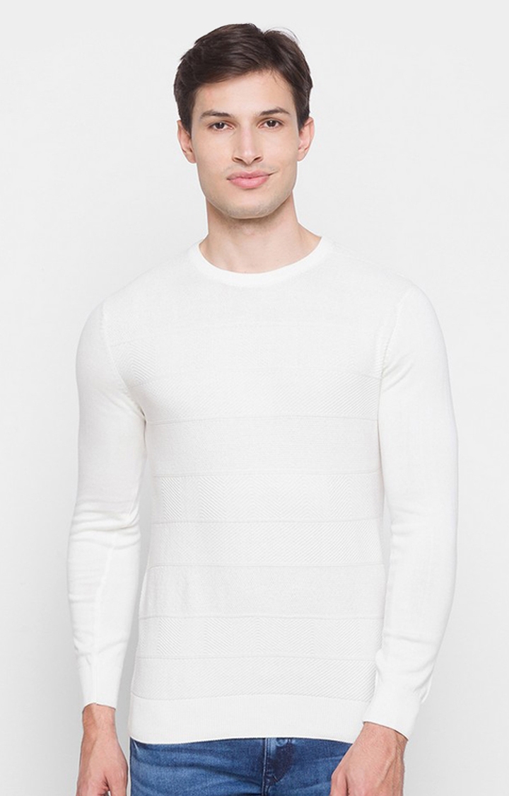 Spykar White Cotton Regular Fit Sweater For Men