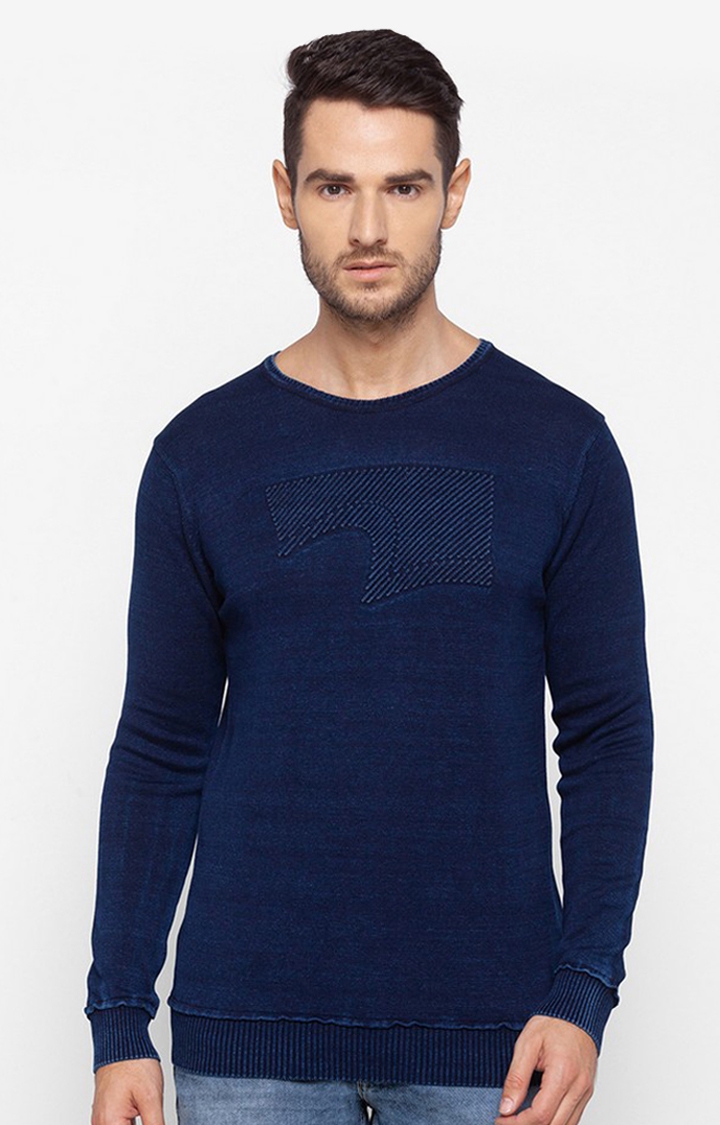 Spykar | Spykar Blue Cotton Regular Fit Sweater For Men