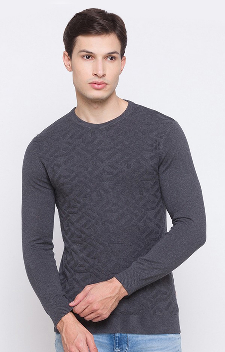 Spykar | Spykar Grey Cotton Regular Fit Sweater For Men