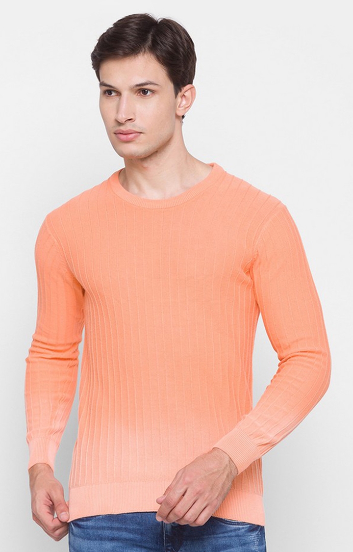 Spykar Orange Cotton Regular Fit Sweater For Men