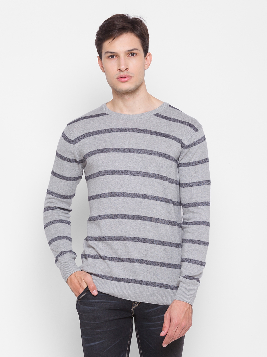 Spykar | Spykar Grey Cotton Regular Fit Sweater For Men