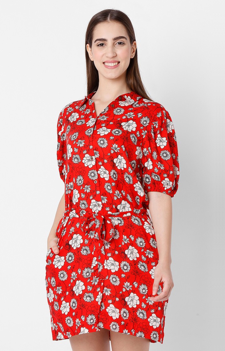 Spykar Red Cotton Regular Fit Dress For Women