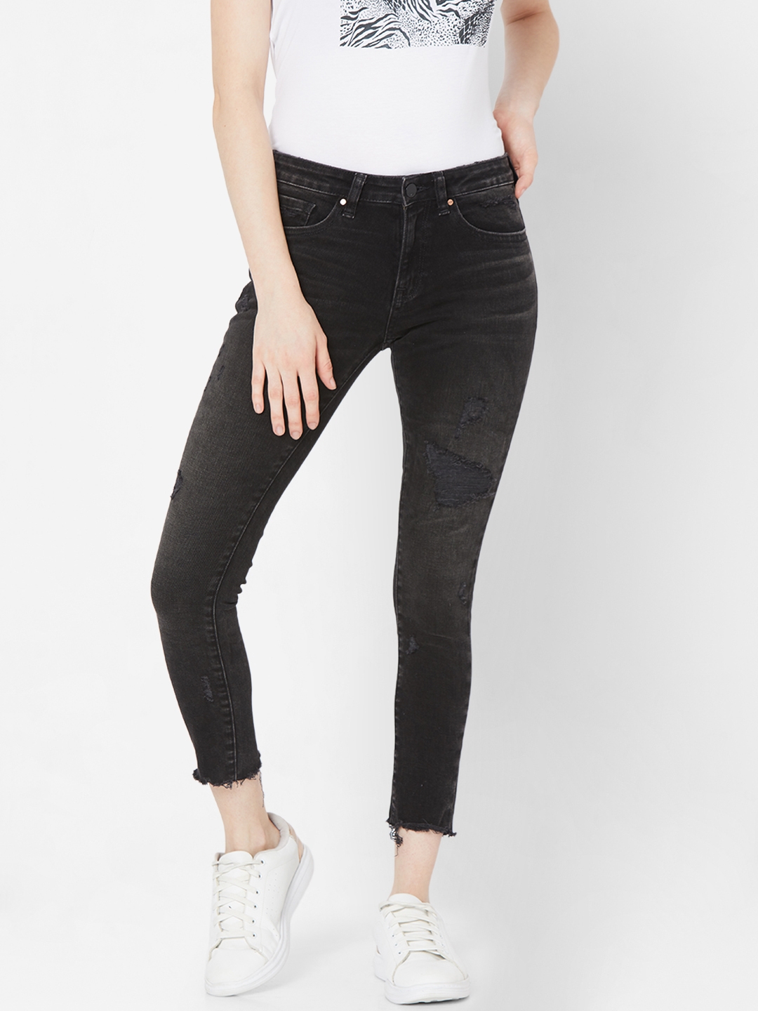 Women's Black Lycra Solid Ripped Jeans