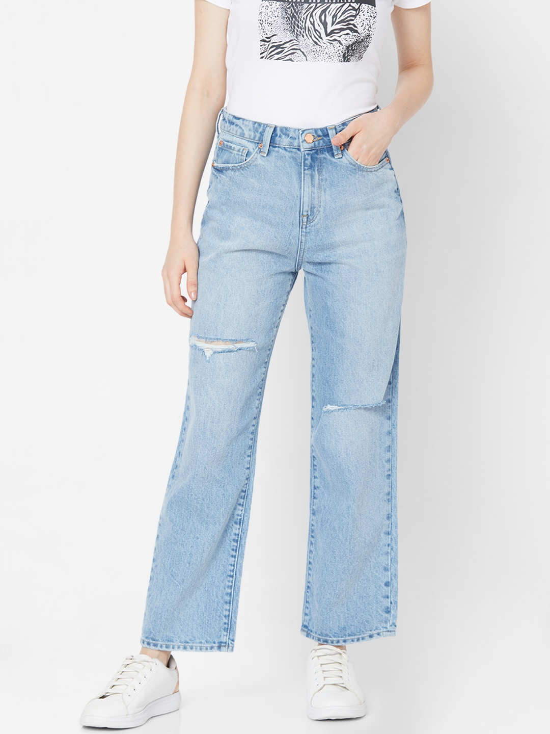 Women's Blue Cotton Solid Ripped Jeans
