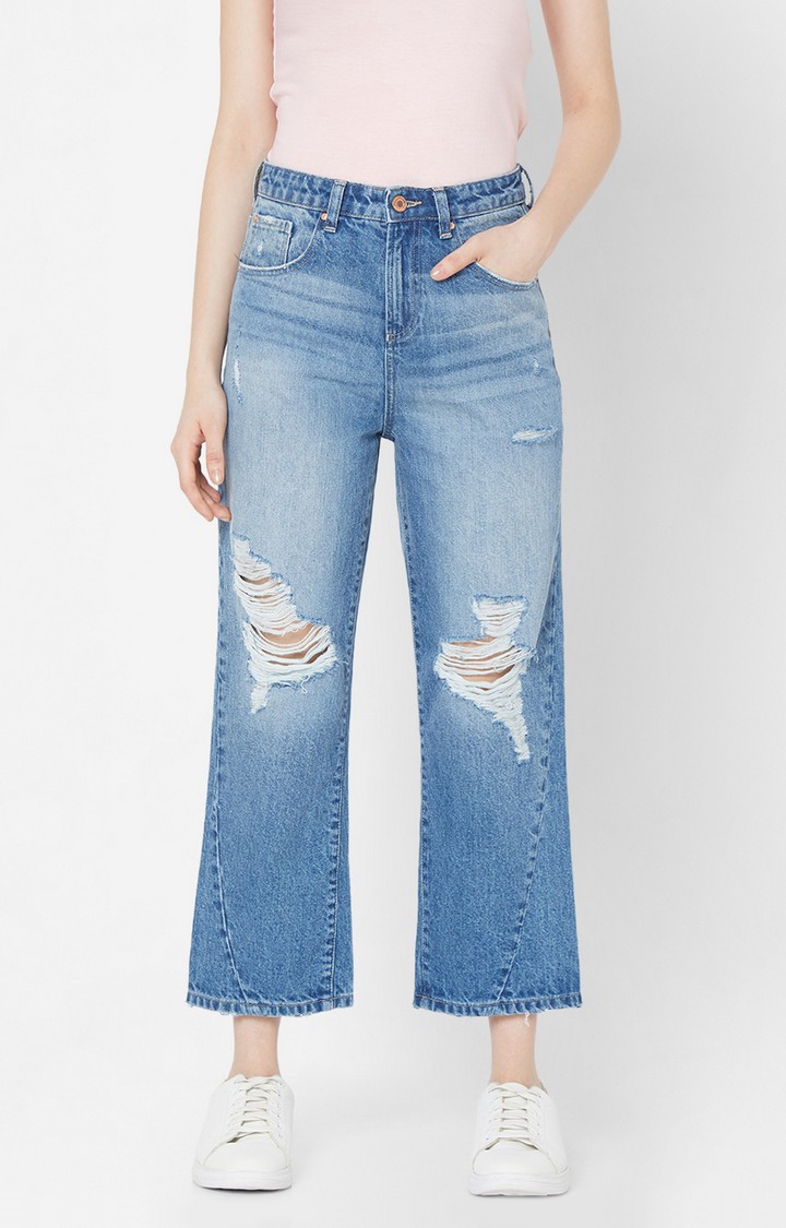 Women's Blue Cotton Solid Ripped Jeans