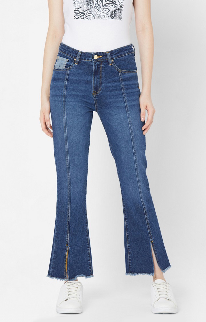 Women's Blue Lycra Solid Flared Jeans