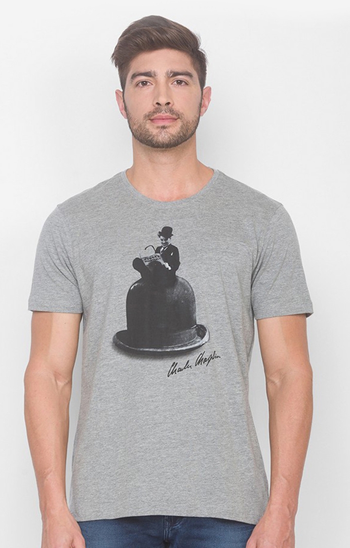 Charlie Chaplin By Spykar Grey Cotton Slim Fit T-Shirt For Men
