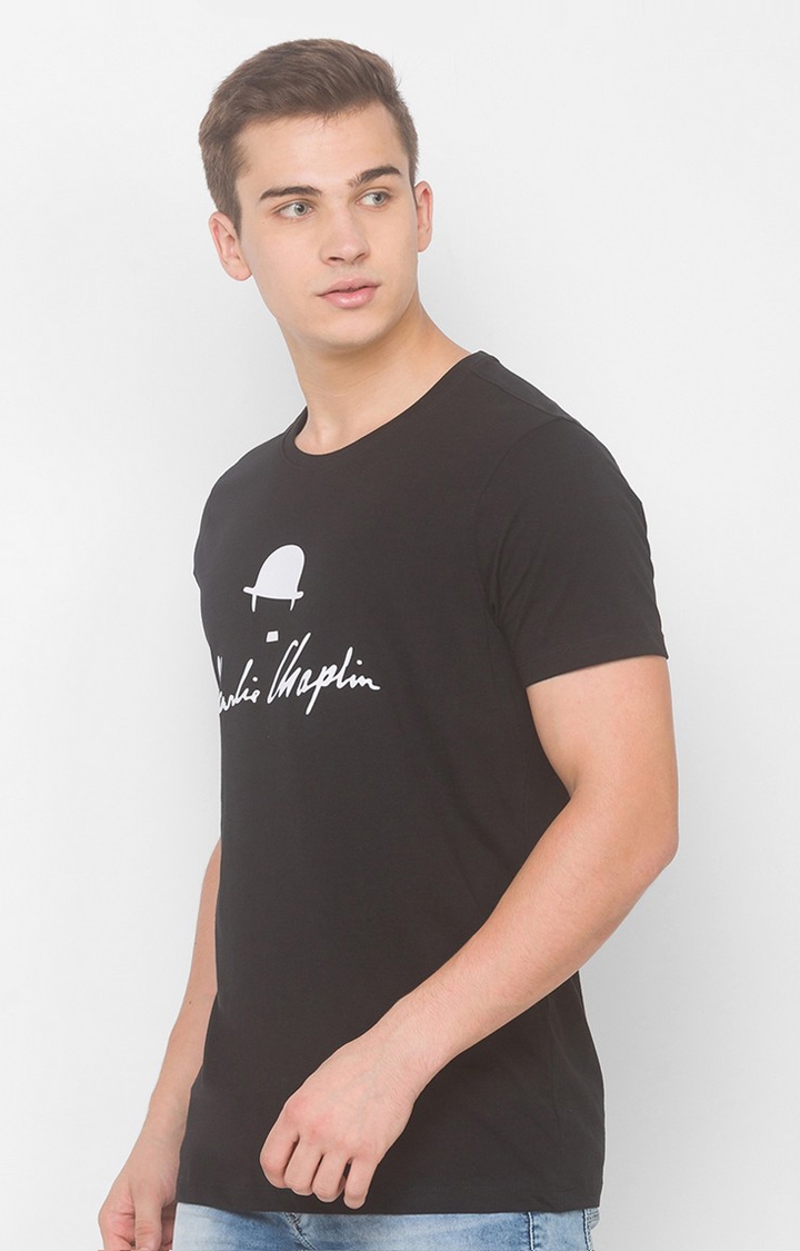 Charlie Chaplin By Spykar Black Cotton Slim Fit T-Shirt For Men