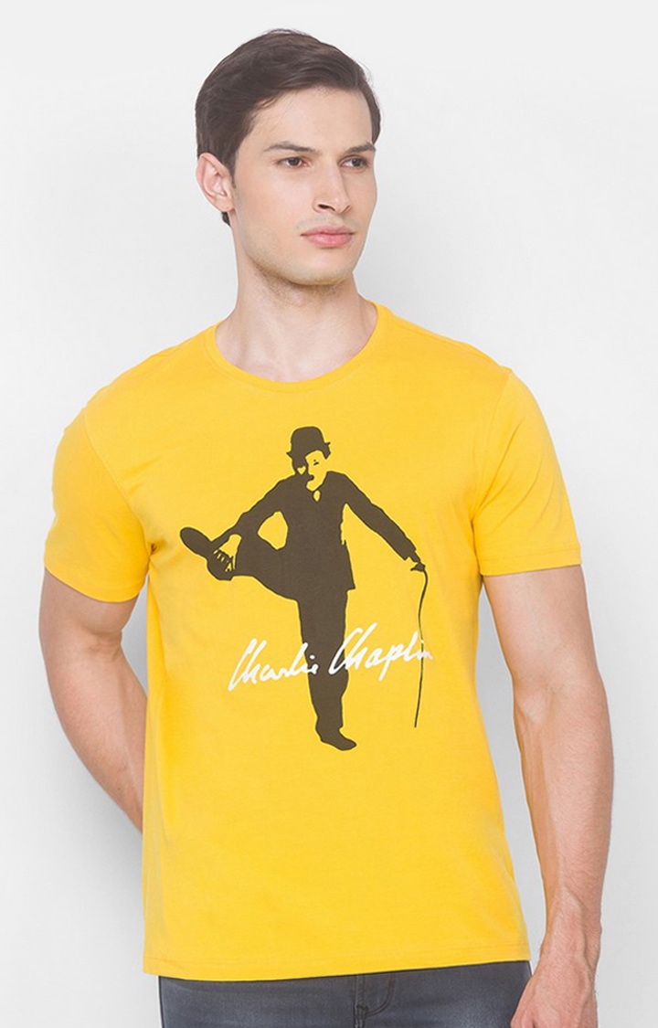Spykar | Charlie Chaplin By Spykar Yellow Cotton Slim Fit T-Shirt For Men