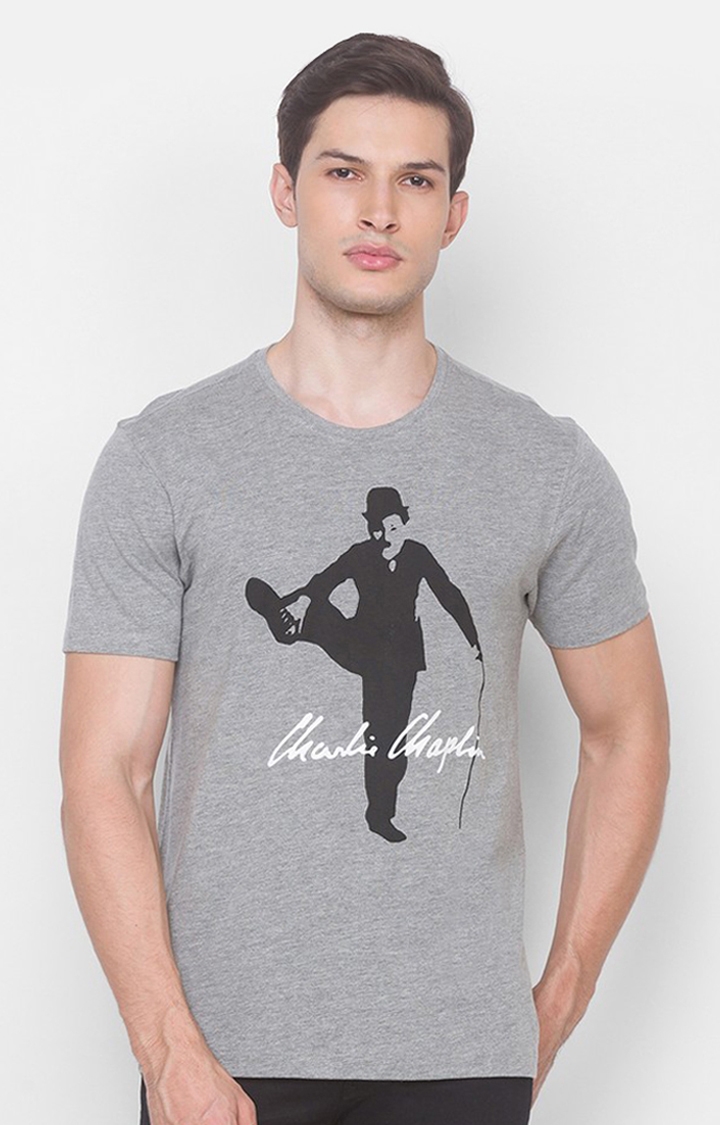 Charlie Chaplin By Spykar Grey Cotton Slim Fit T-Shirt For Men