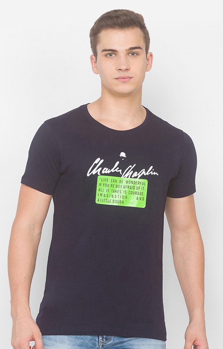 Charlie Chaplin By Spykar Blue Cotton Slim Fit T-Shirt For Men