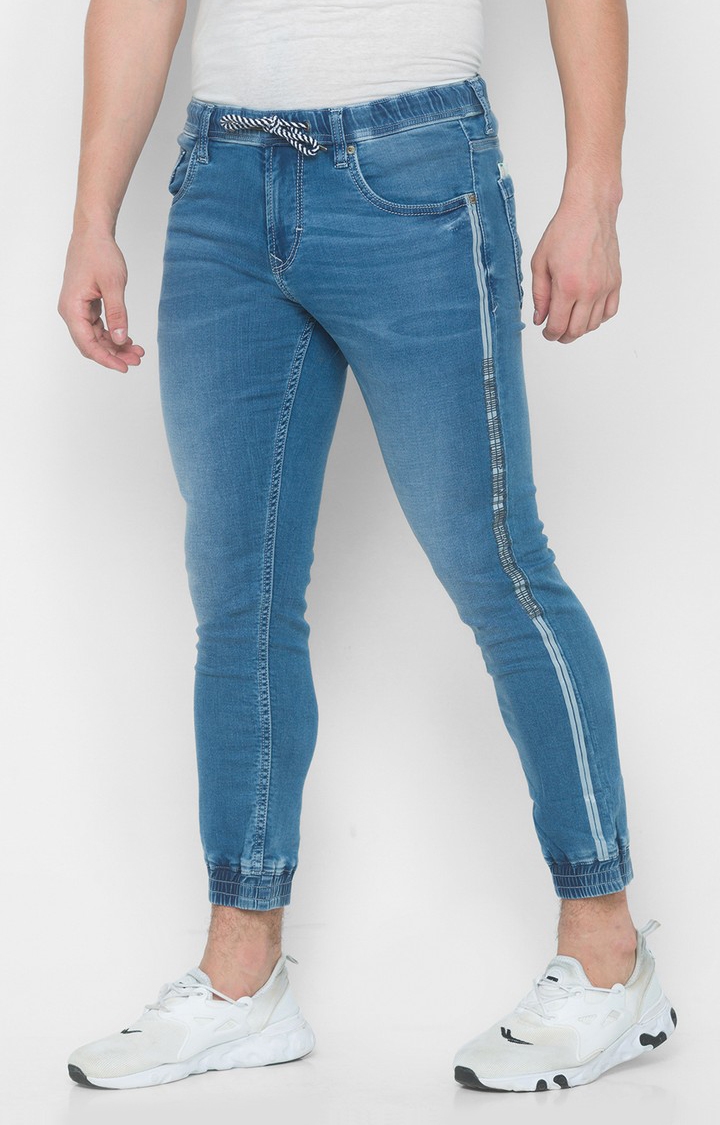 Spykar Mid Blue Solid Slim Mid-Rise Joggers Jeans (Kano)