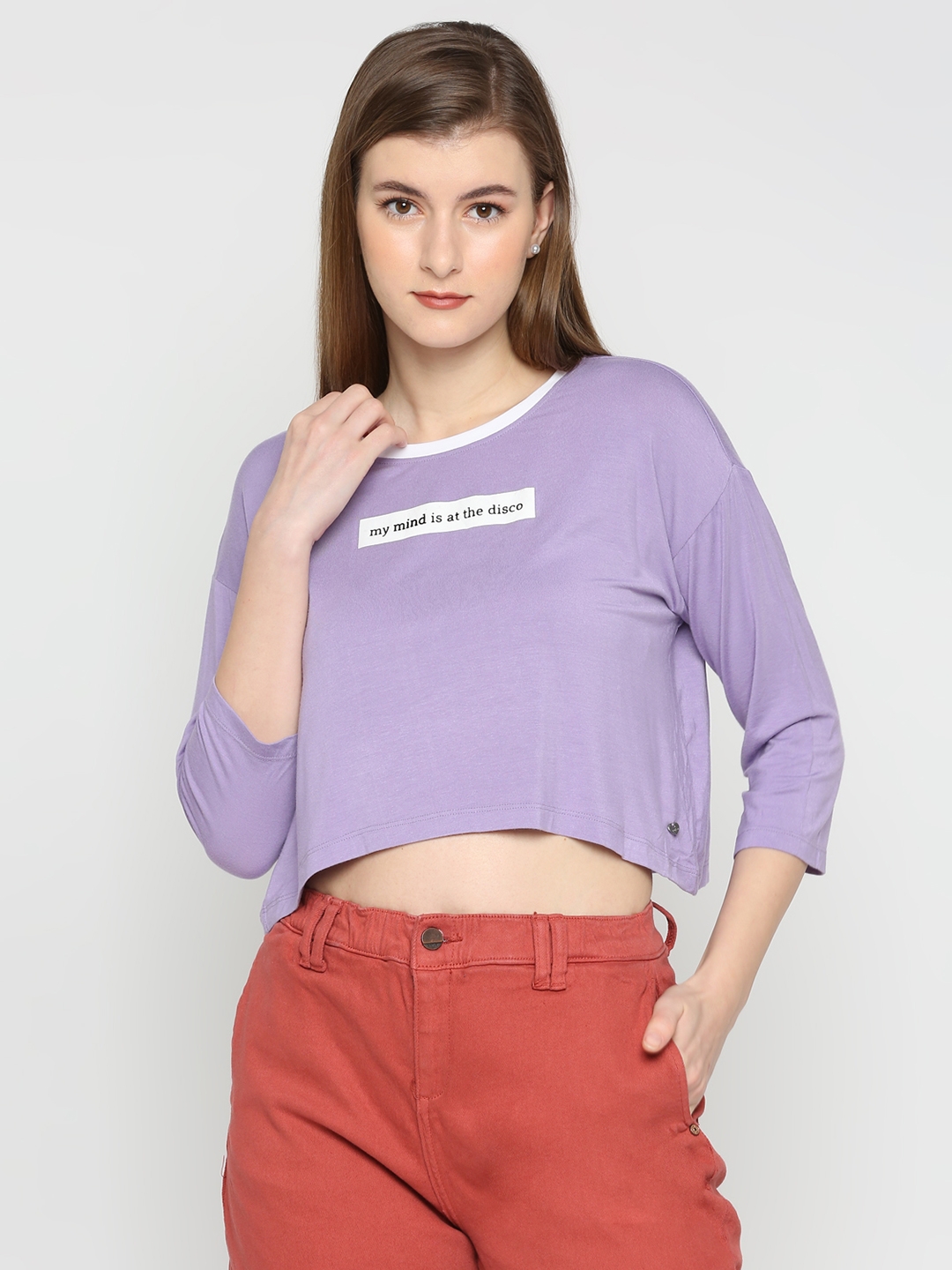 Spykar Women Lilac Blended Slim Fit Printed Crop Top