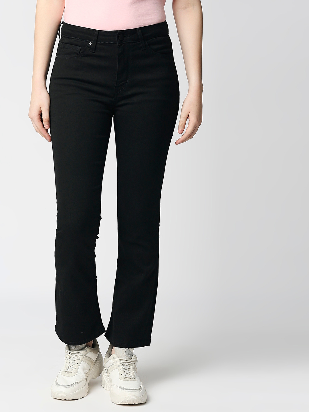 Women's Black Cotton Solid Flared Jeans