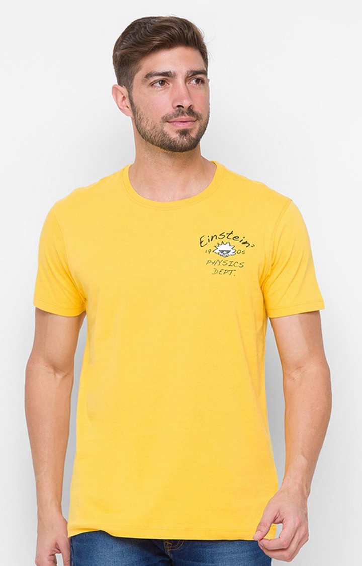 Albert Einstein By Spykar Yellow Cotton Slim Fit T-Shirt For Men