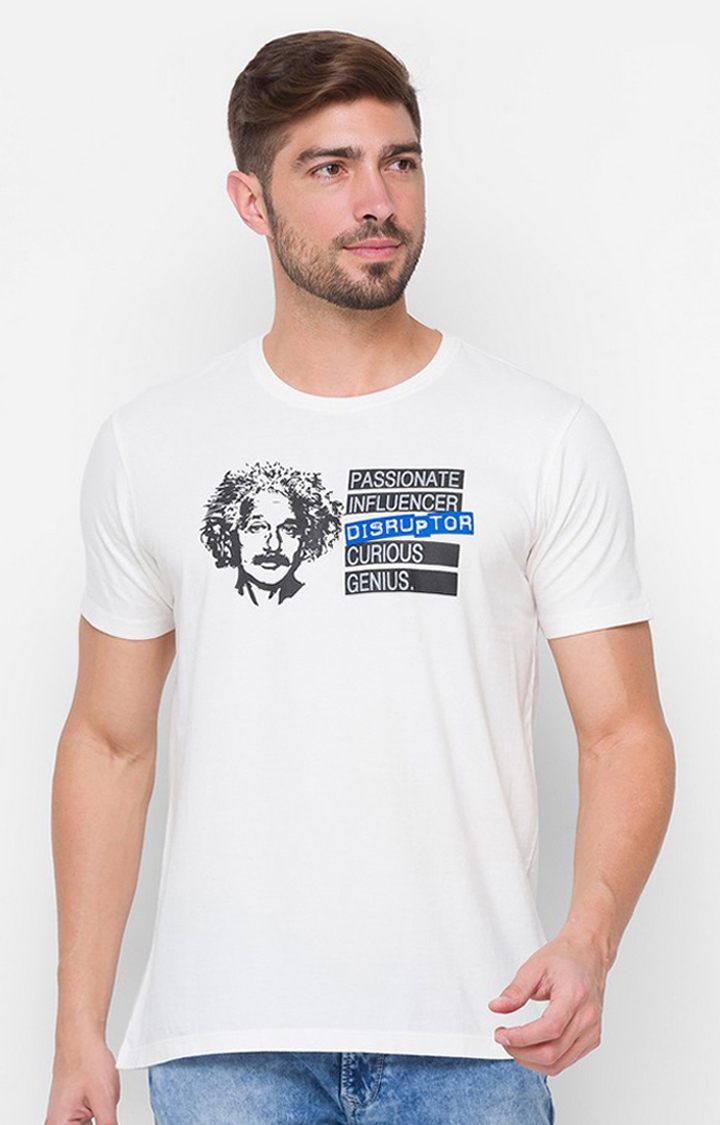 Albert Einstein By Spykar White Cotton Slim Fit T-Shirt For Men
