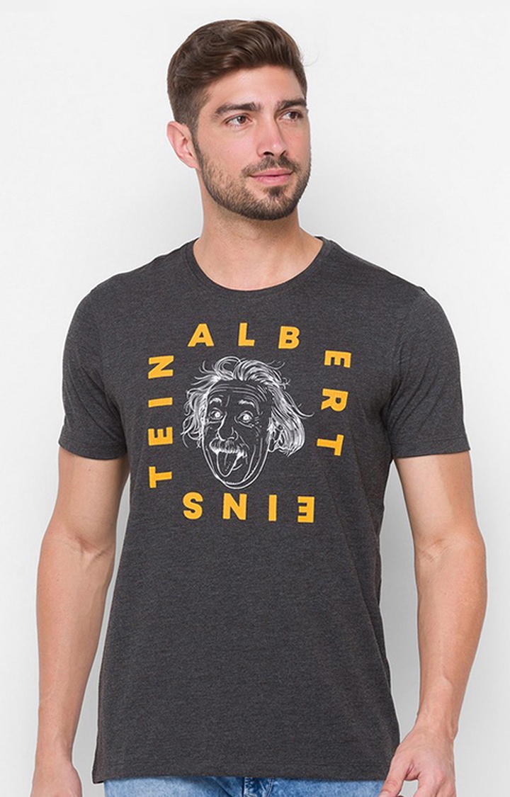 Albert Einstein By Spykar Grey Cotton Slim Fit T-Shirt For Men