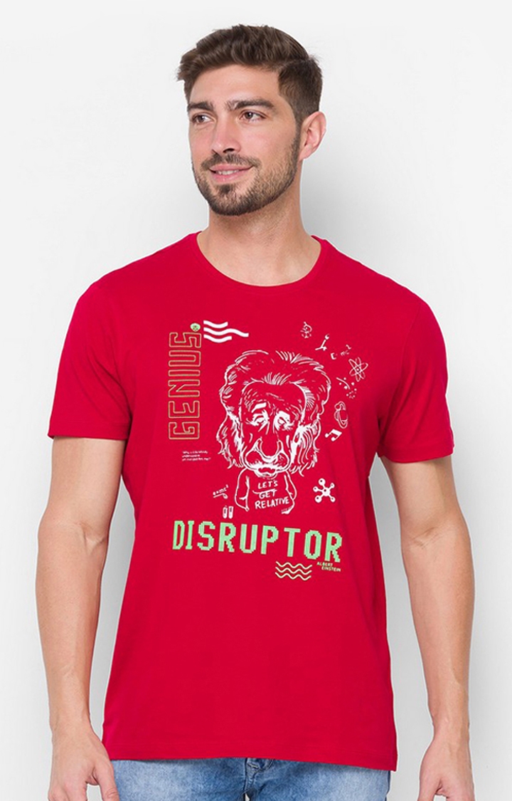 Albert Einstein By Spykar Red Cotton Slim Fit T-Shirt For Men
